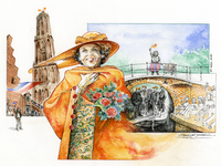 202975 Portret van Koningin Beatrix tijdens haar bezoek aan de stad Utrecht, met links de Domtoren en rechts enkele ...